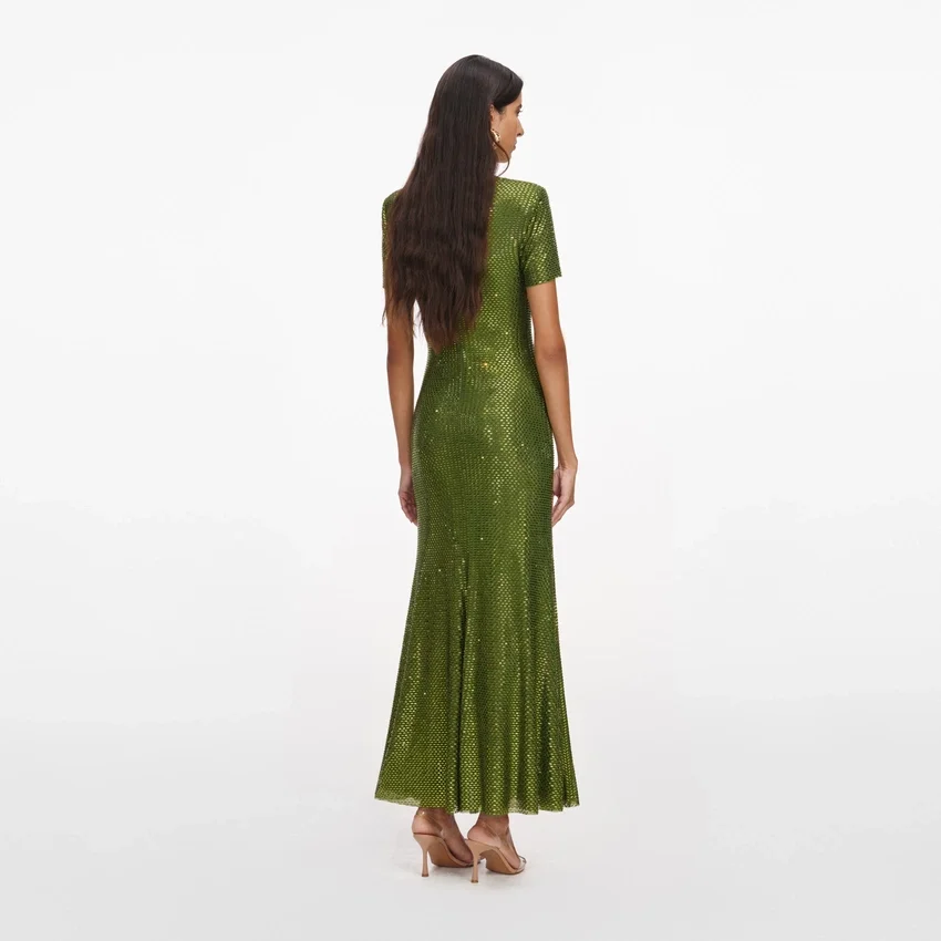 Olive Rhinestone Mesh Midi Dress Olive Rhinestone Mesh Midi Dress