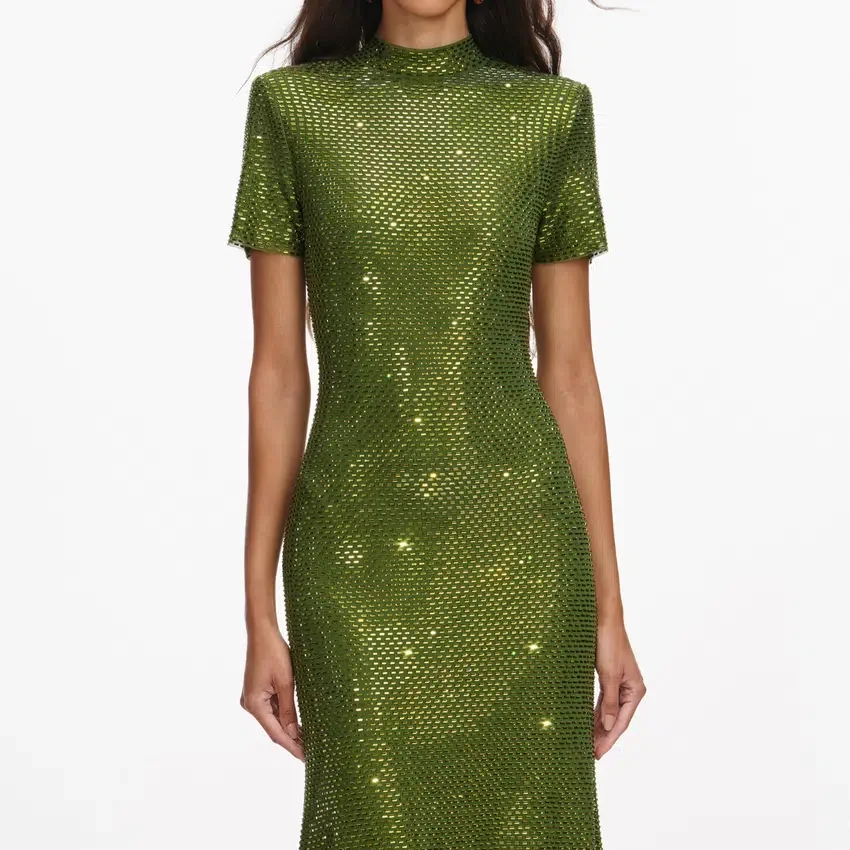 Olive Rhinestone Mesh Midi Dress Olive Rhinestone Mesh Midi Dress