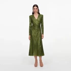Olive Rhinestone Mesh Wrap Midi Dress