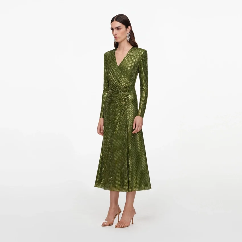 Olive Rhinestone Mesh Wrap Midi Dress Olive Rhinestone Mesh Wrap Midi Dress