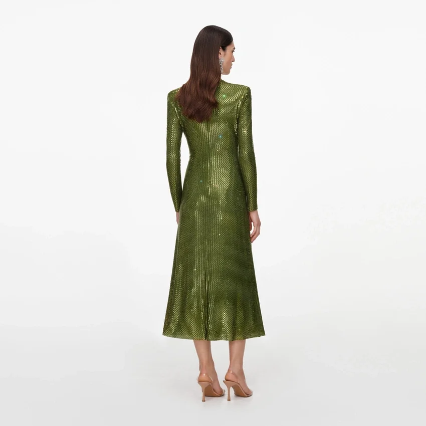 Olive Rhinestone Mesh Wrap Midi Dress Olive Rhinestone Mesh Wrap Midi Dress