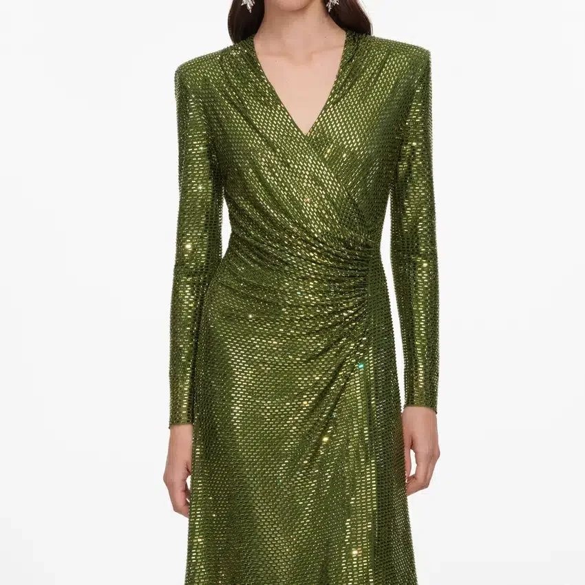 Olive Rhinestone Mesh Wrap Midi Dress Olive Rhinestone Mesh Wrap Midi Dress