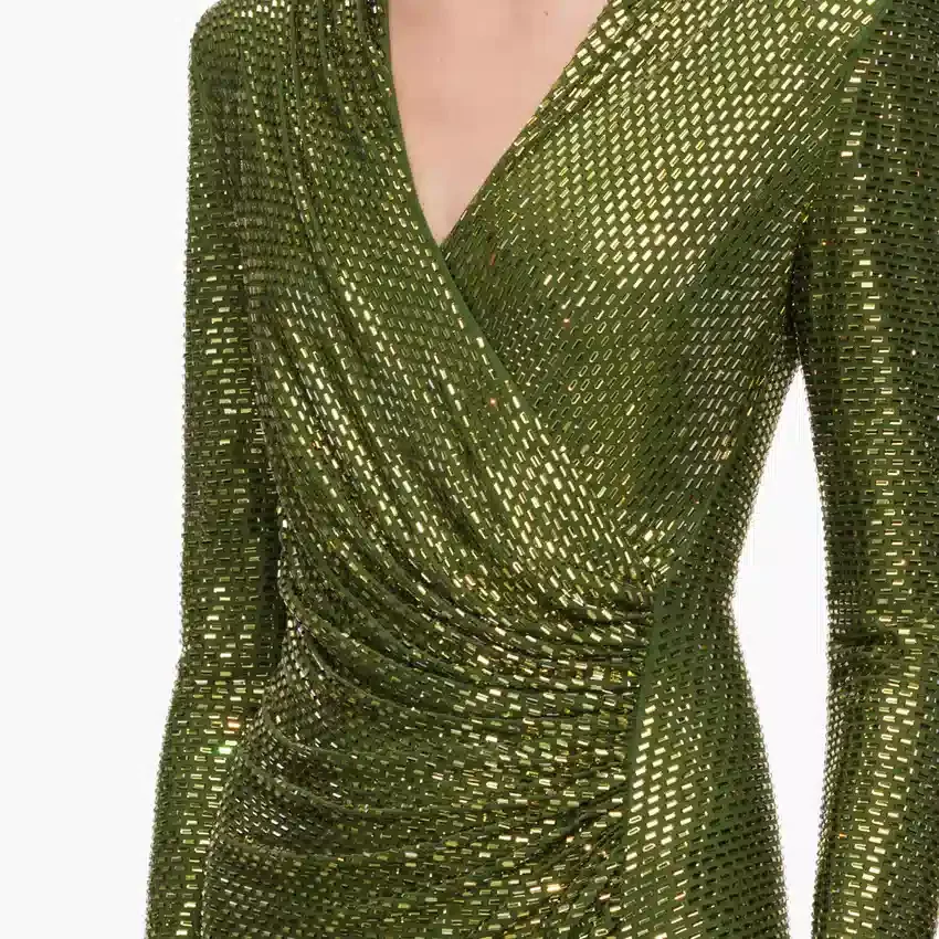 Olive Rhinestone Mesh Wrap Midi Dress Olive Rhinestone Mesh Wrap Midi Dress