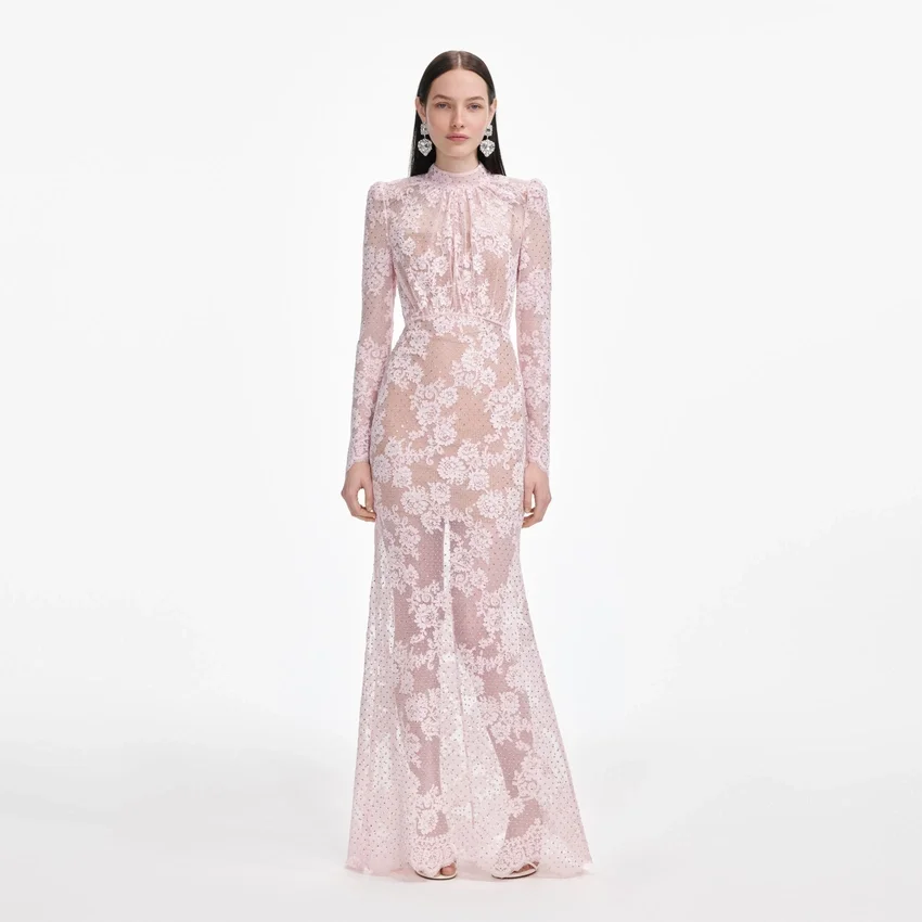 Pale Pink Rhinestone Lace Maxi Dress Pale Pink Rhinestone Lace Maxi Dress