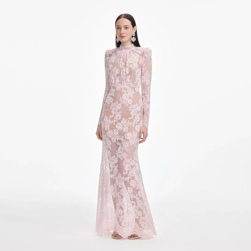 Pale Pink Rhinestone Lace Maxi Dress Pale Pink Rhinestone Lace Maxi Dress