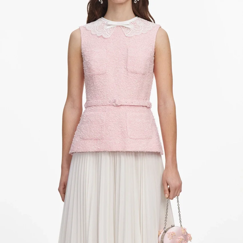 Pink Boucle Lace Collar Midi Dress Pink Boucle Lace Collar Midi Dress