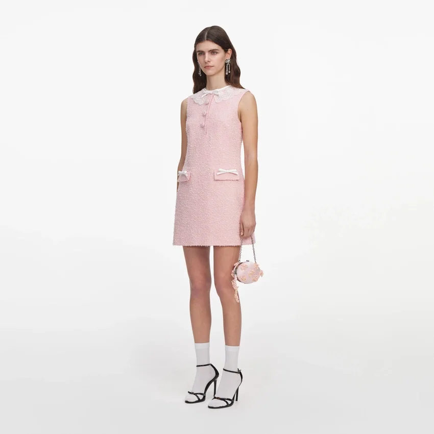 Pink Boucle Lace Collar Mini Dress Pink Boucle Lace Collar Mini Dress