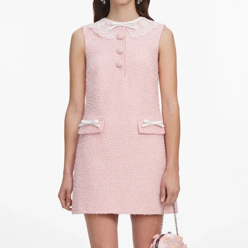 Pink Boucle Lace Collar Mini Dress Pink Boucle Lace Collar Mini Dress
