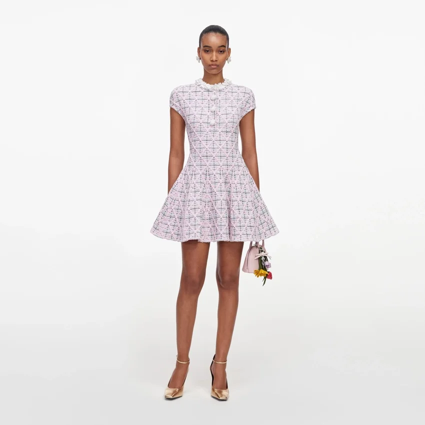 Pink Check Knit Beaded Mini Dress Pink Check Knit Beaded Mini Dress