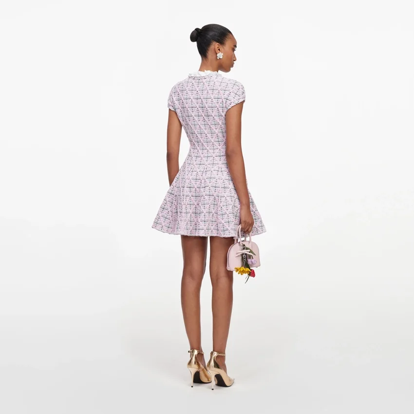 Pink Check Knit Beaded Mini Dress Pink Check Knit Beaded Mini Dress