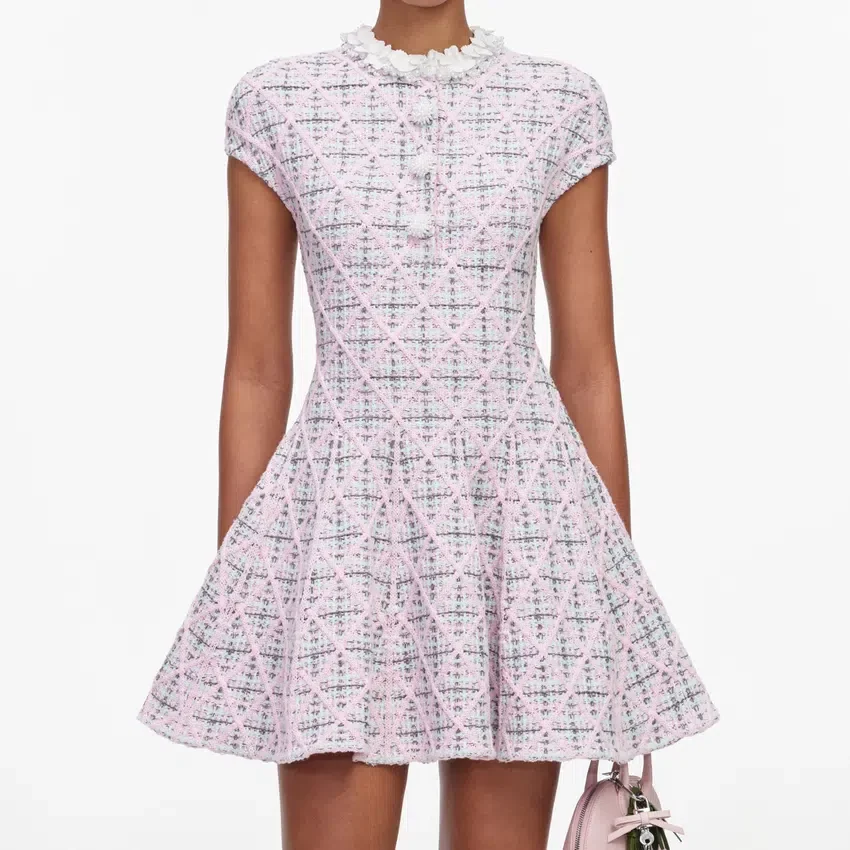 Pink Check Knit Beaded Mini Dress Pink Check Knit Beaded Mini Dress