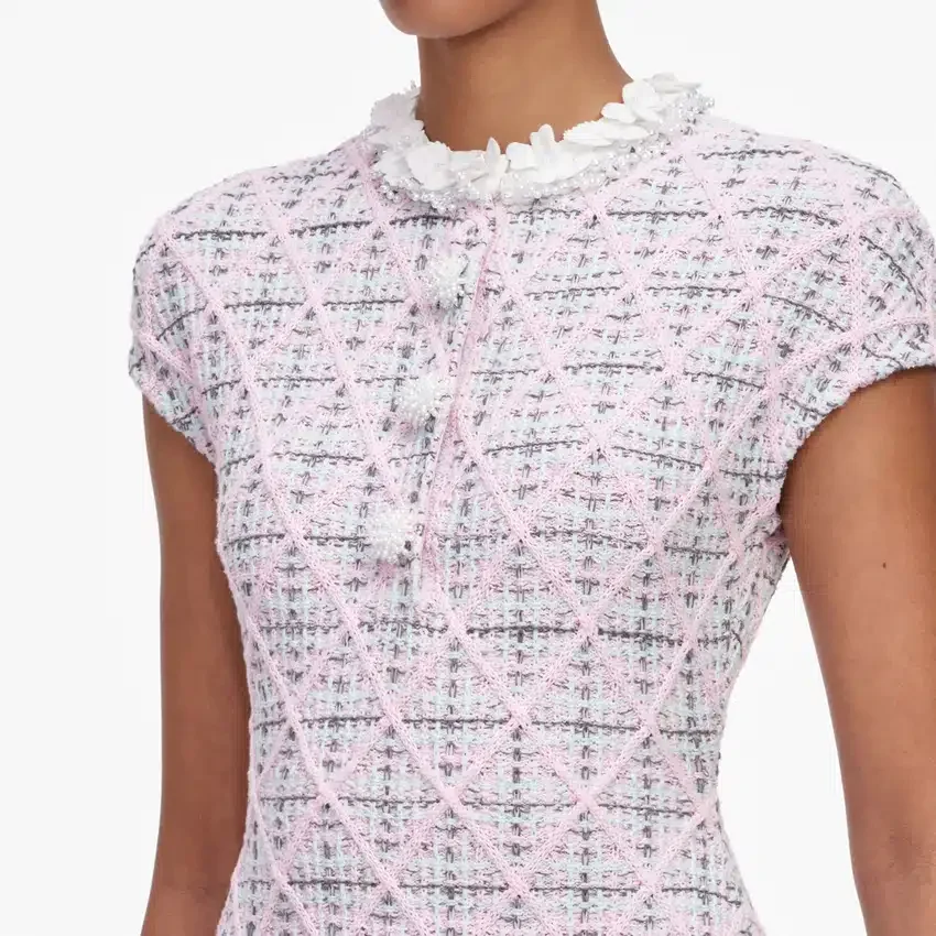 Pink Check Knit Beaded Mini Dress Pink Check Knit Beaded Mini Dress