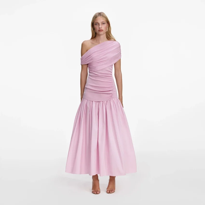 Pink Cotton Draped Knit Midi Dress Pink Cotton Draped Knit Midi Dress
