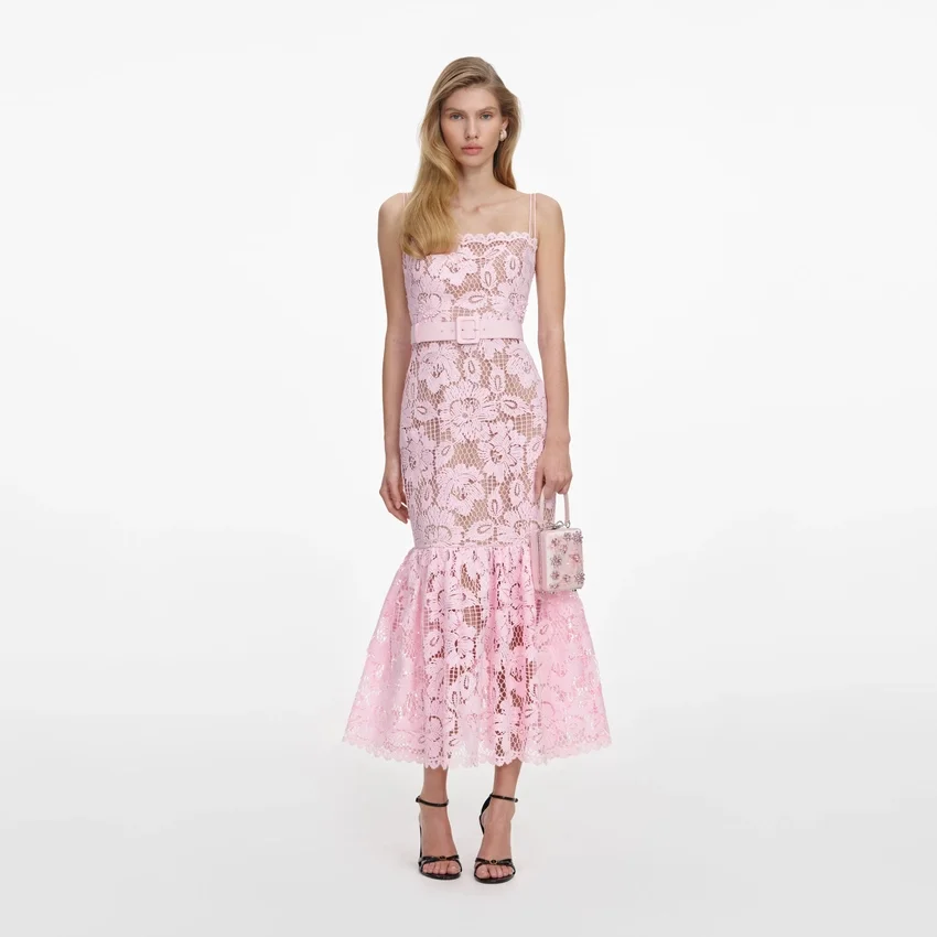 Pink Crochet Lace Midi Dress Pink Crochet Lace Midi Dress