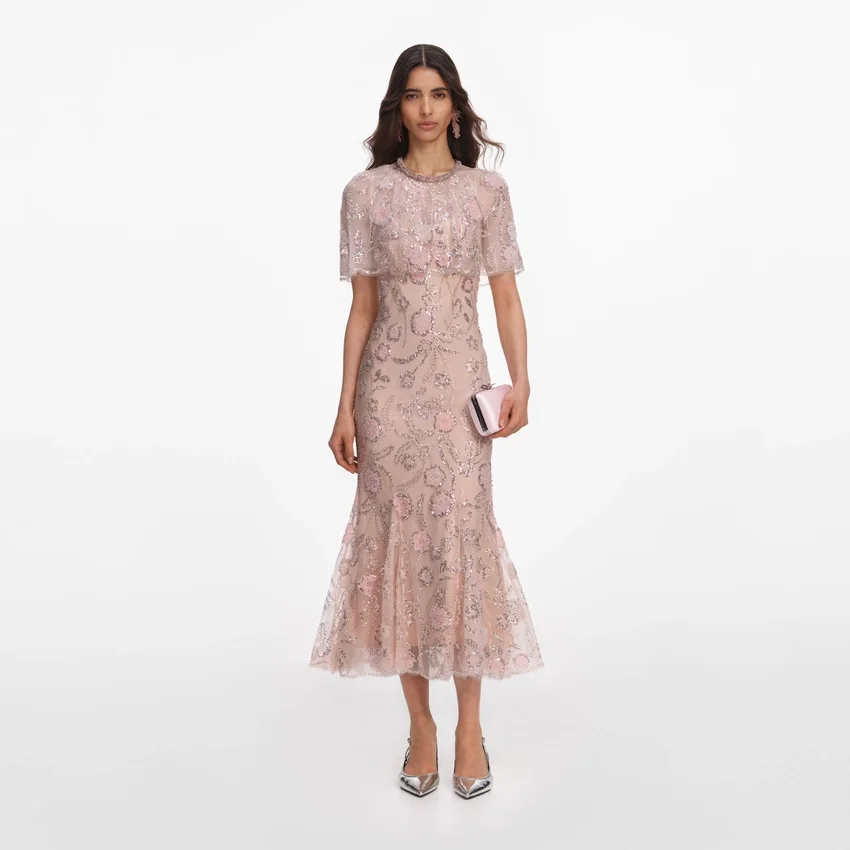 Pink Embellished Cape Midi Dress Pink Embellished Cape Midi Dress