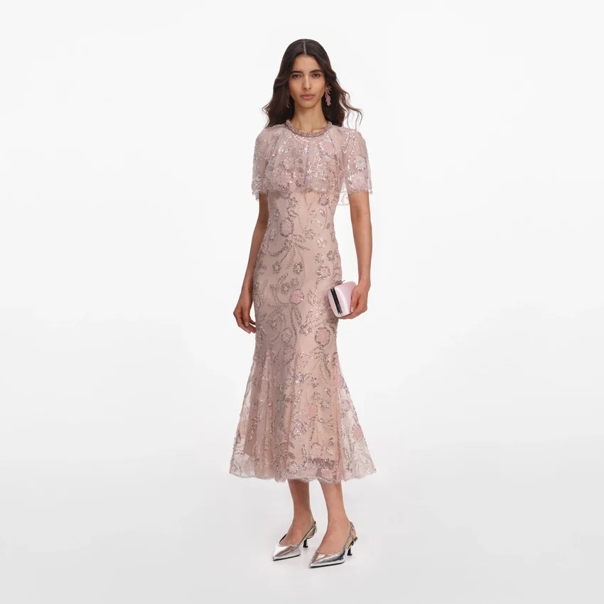 Pink Embellished Cape Midi Dress Pink Embellished Cape Midi Dress