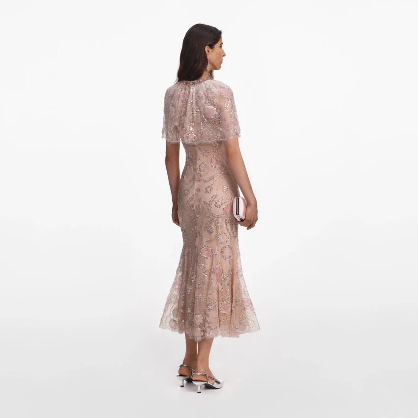 Pink Embellished Cape Midi Dress Pink Embellished Cape Midi Dress