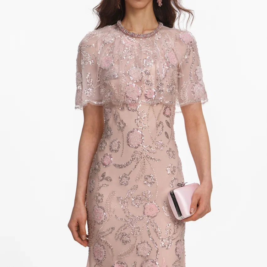 Pink Embellished Cape Midi Dress Pink Embellished Cape Midi Dress