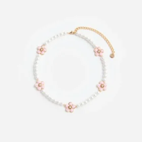 Pink Enamel Flower Pearl Choker