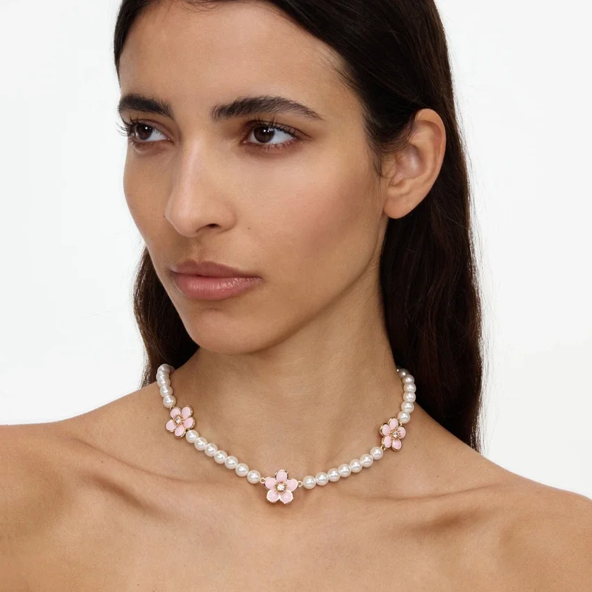 Pink Enamel Flower Pearl Choker Pink Enamel Flower Pearl Choker