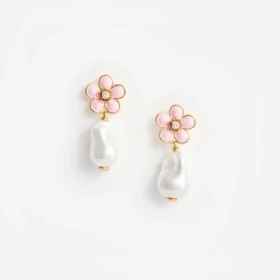 Pink Flower Pearl Drop Earrings