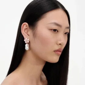 Pink Flower Pearl Drop Earrings