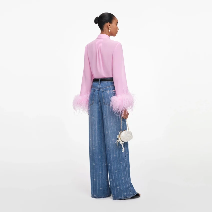 Pink Georgette Feather Cuff Blouse Pink Georgette Feather Cuff Blouse