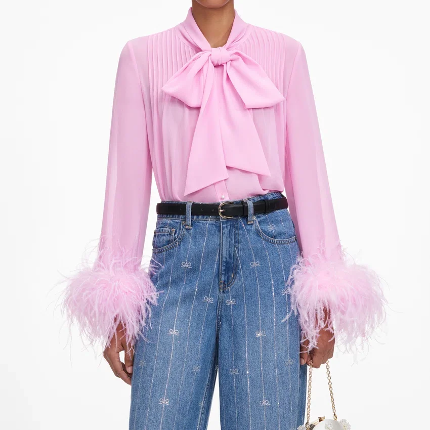 Pink Georgette Feather Cuff Blouse Pink Georgette Feather Cuff Blouse