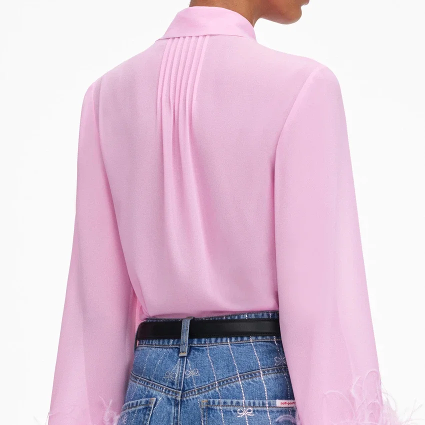 Pink Georgette Feather Cuff Blouse Pink Georgette Feather Cuff Blouse