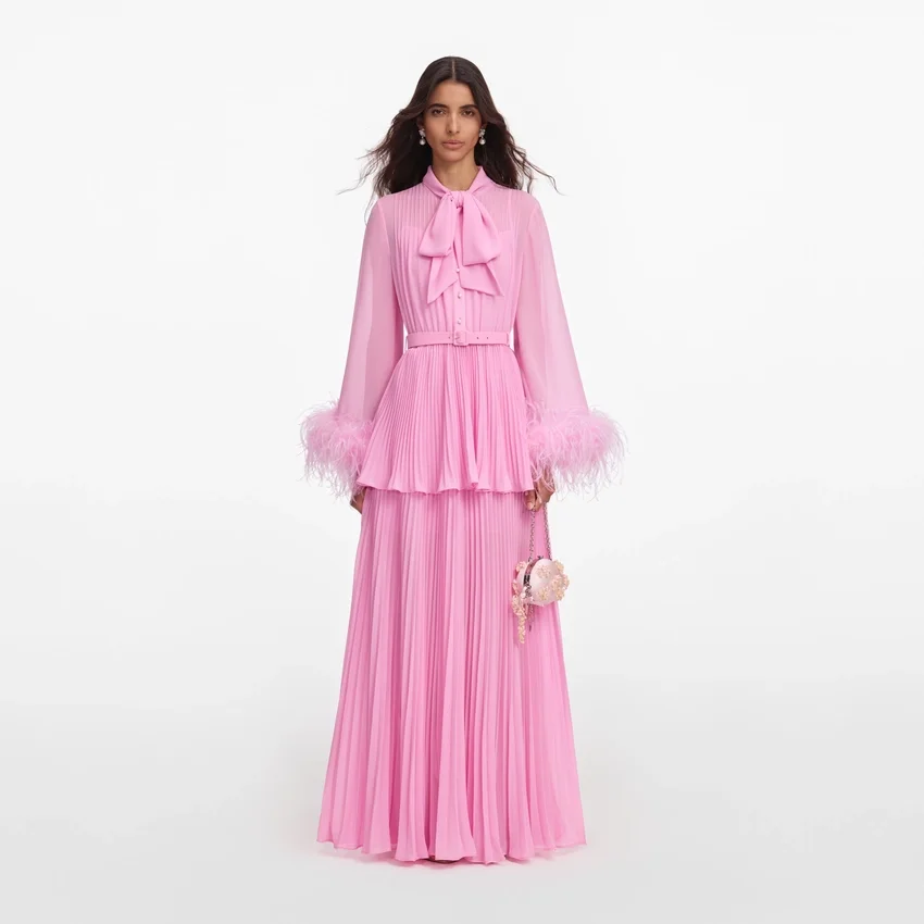 Pink Georgette Feather Cuff Maxi Dress Pink Georgette Feather Cuff Maxi Dress