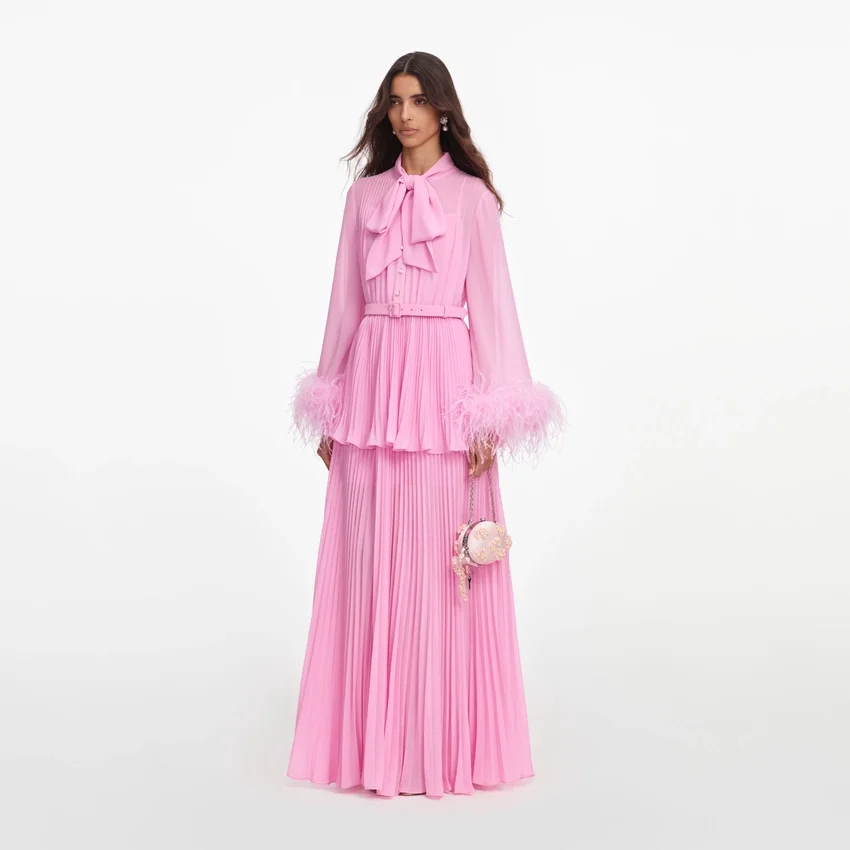 Pink Georgette Feather Cuff Maxi Dress Pink Georgette Feather Cuff Maxi Dress
