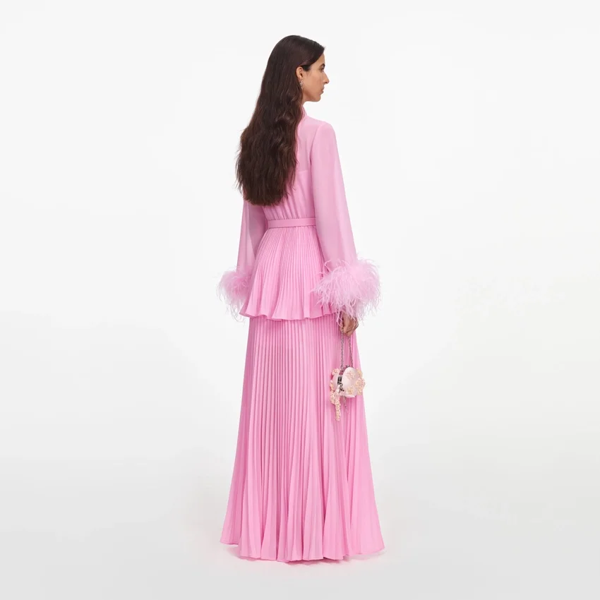 Pink Georgette Feather Cuff Maxi Dress Pink Georgette Feather Cuff Maxi Dress