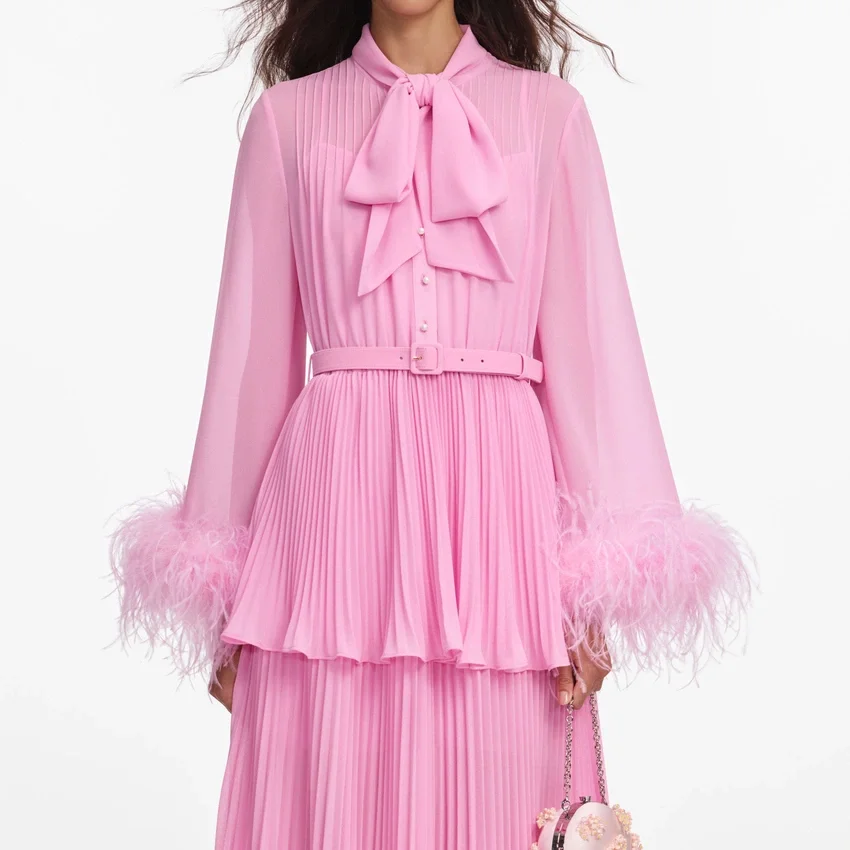 Pink Georgette Feather Cuff Maxi Dress Pink Georgette Feather Cuff Maxi Dress