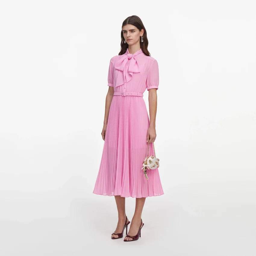 Pink Georgette Tie Neck Midi Dress Pink Georgette Tie Neck Midi Dress