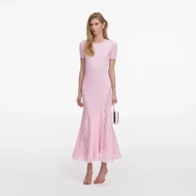 Pink Knit Lace Insert Midi Dress
