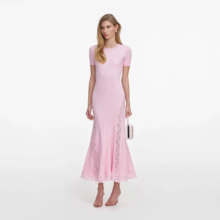 Pink Knit Lace Insert Midi Dress Pink Knit Lace Insert Midi Dress