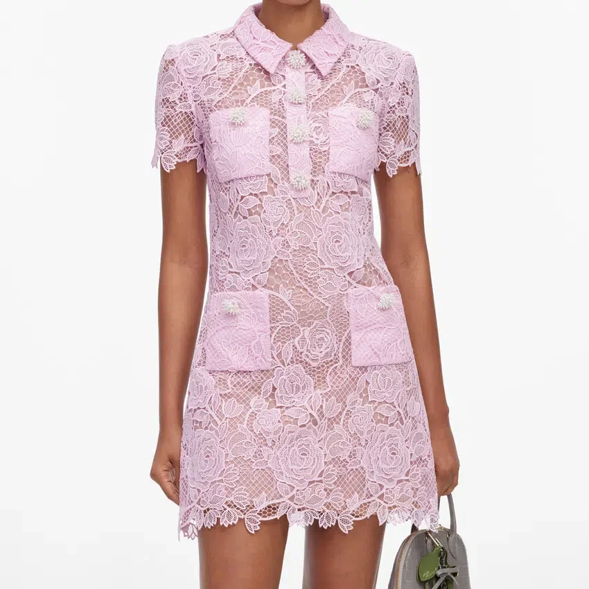 Pink Lace Button Down Mini Dress Pink Lace Button Down Mini Dress
