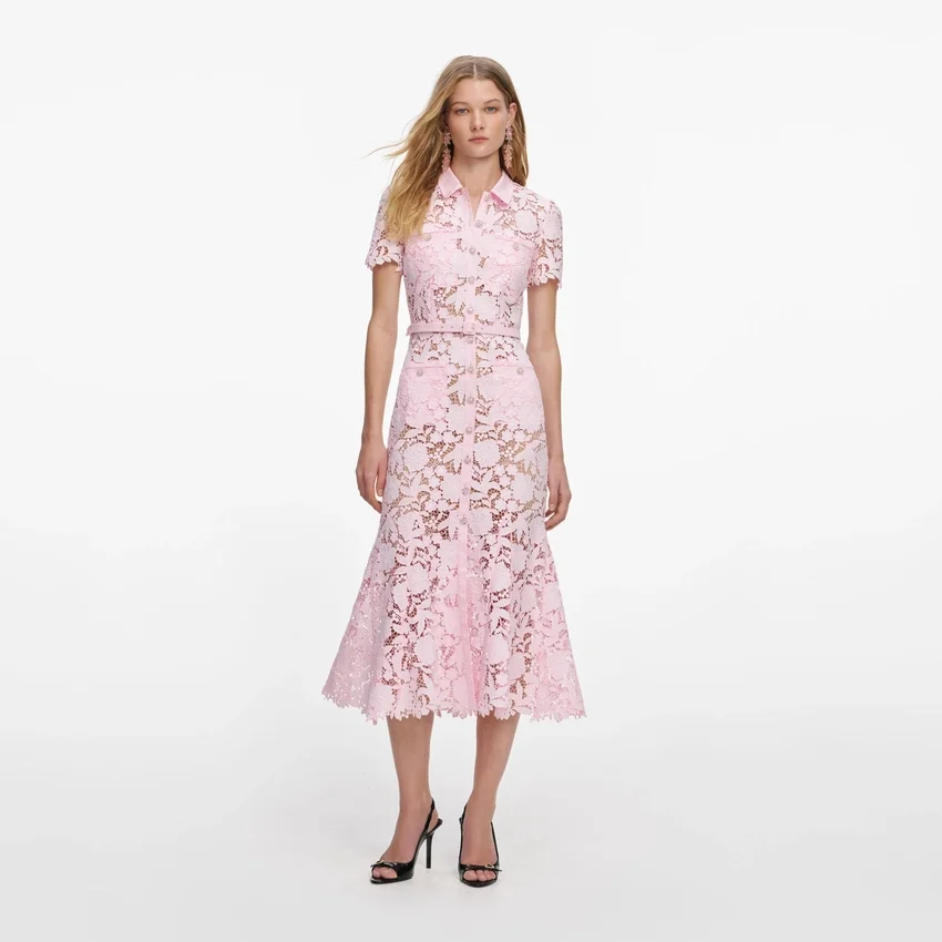 Pink Lace Collared Midi Dress Pink Lace Collared Midi Dress