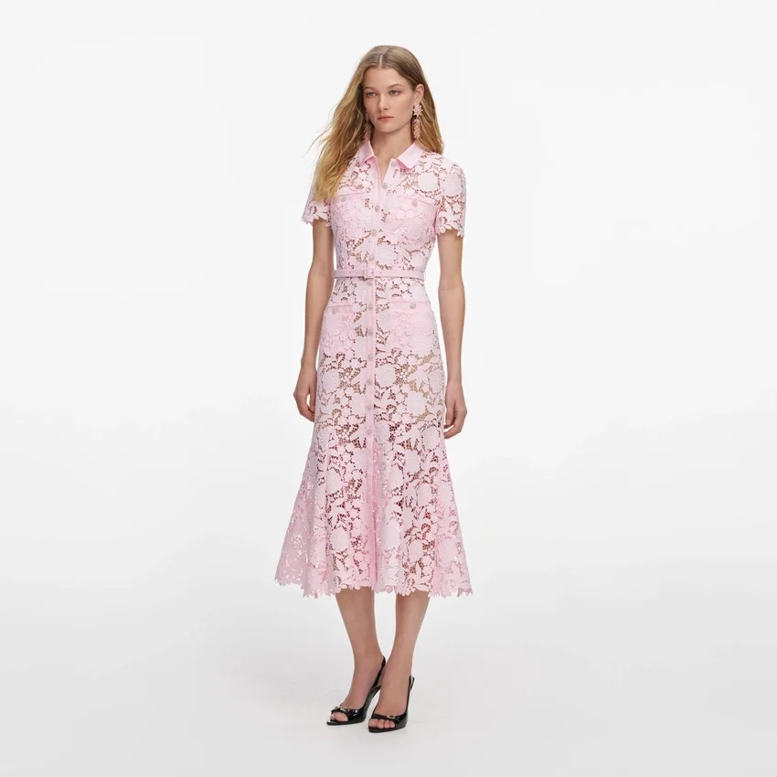 Pink Lace Collared Midi Dress Pink Lace Collared Midi Dress
