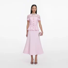Pink Lace Crepe Midi Dress