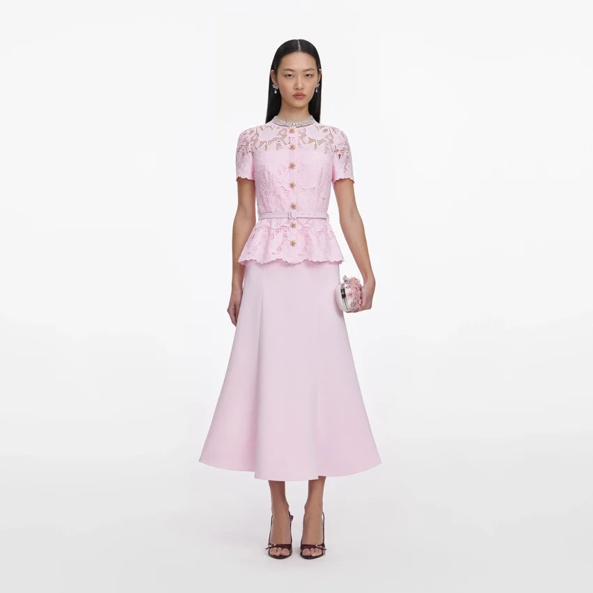 Pink Lace Crepe Midi Dress Pink Lace Crepe Midi Dress