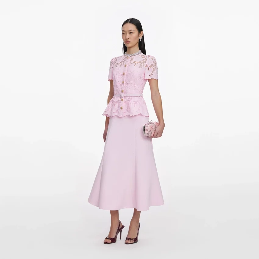 Pink Lace Crepe Midi Dress Pink Lace Crepe Midi Dress