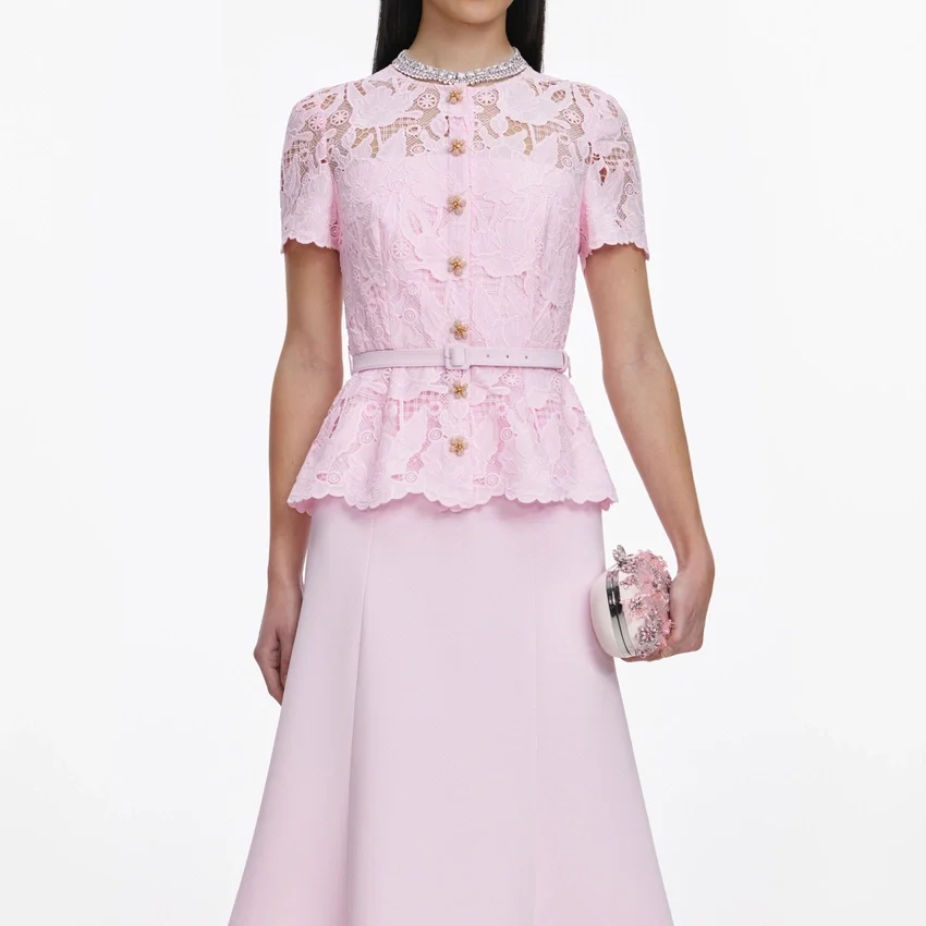 Pink Lace Crepe Midi Dress Pink Lace Crepe Midi Dress