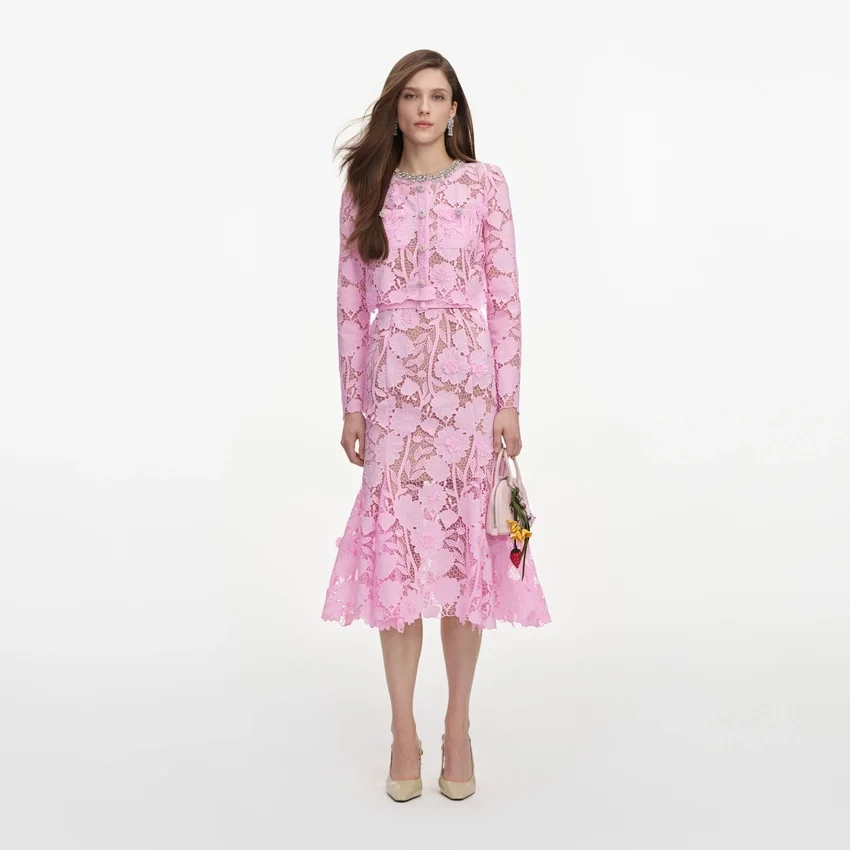 Pink Lace Crystal Embellished Midi Dress Pink Lace Crystal Embellished Midi Dress