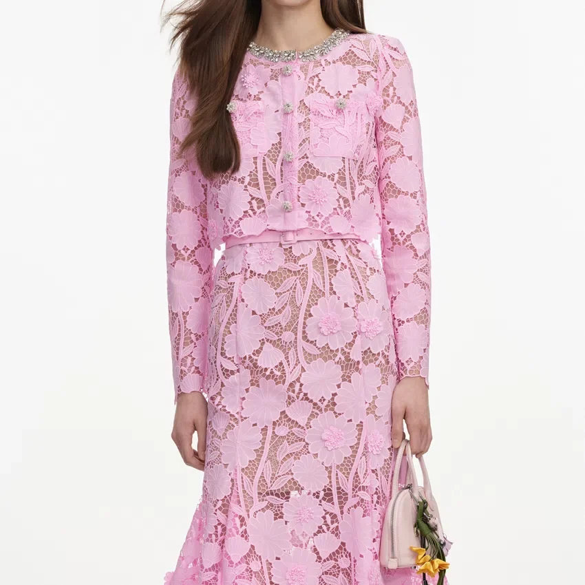 Pink Lace Crystal Embellished Midi Dress Pink Lace Crystal Embellished Midi Dress