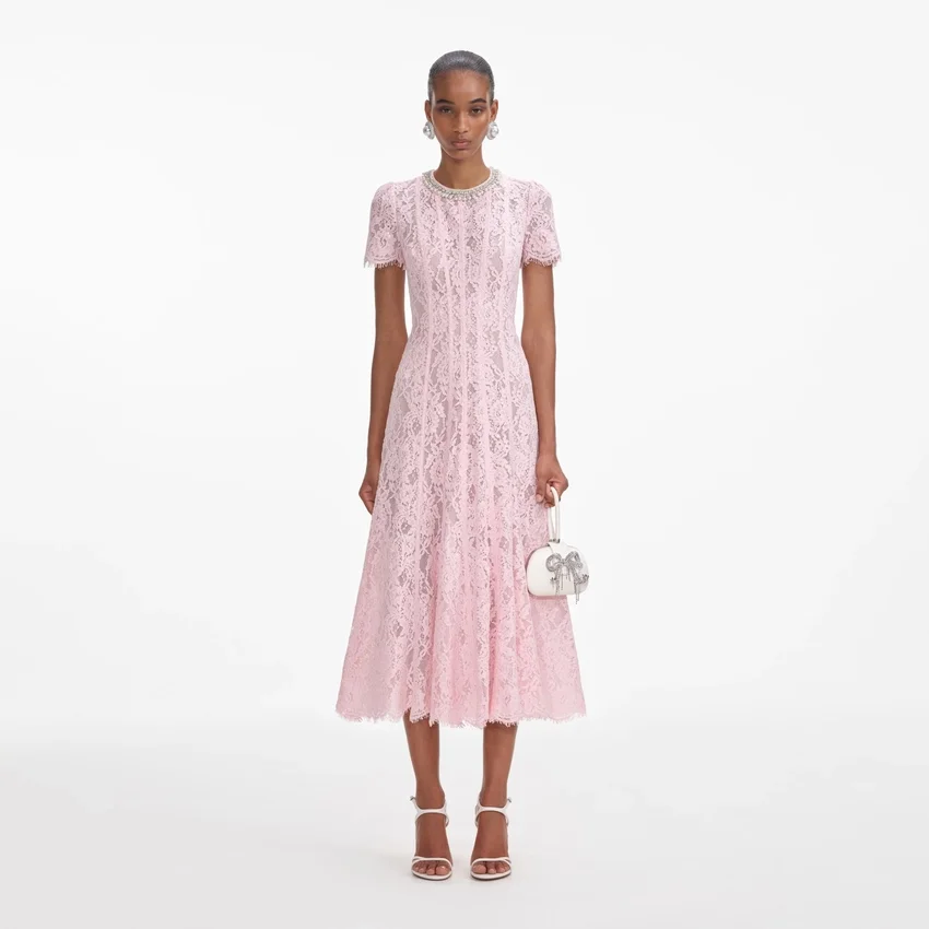 Pink Lace Embellished Midi Dress Pink Lace Embellished Midi Dress