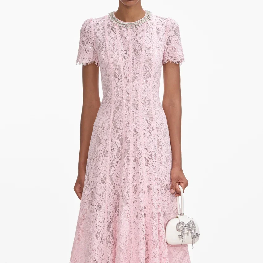 Pink Lace Embellished Midi Dress Pink Lace Embellished Midi Dress