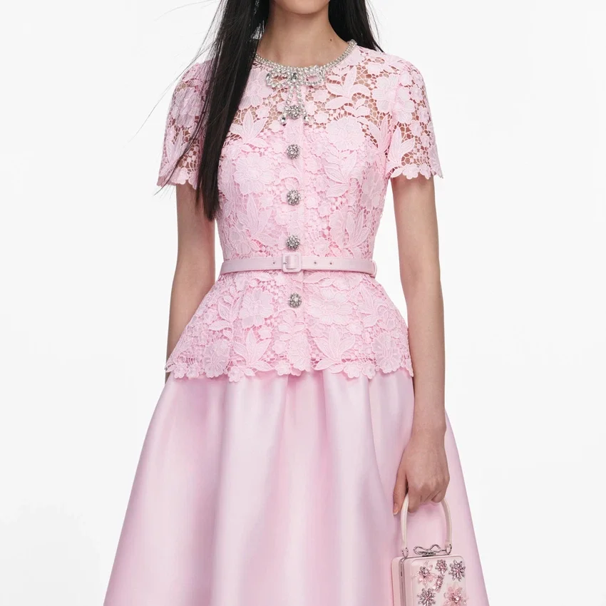 Pink Lace Taffeta Midi Dress Pink Lace Taffeta Midi Dress