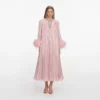 Pink Metallic Chiffon Feather Midi Dress Pink Metallic Chiffon Feather Midi Dress