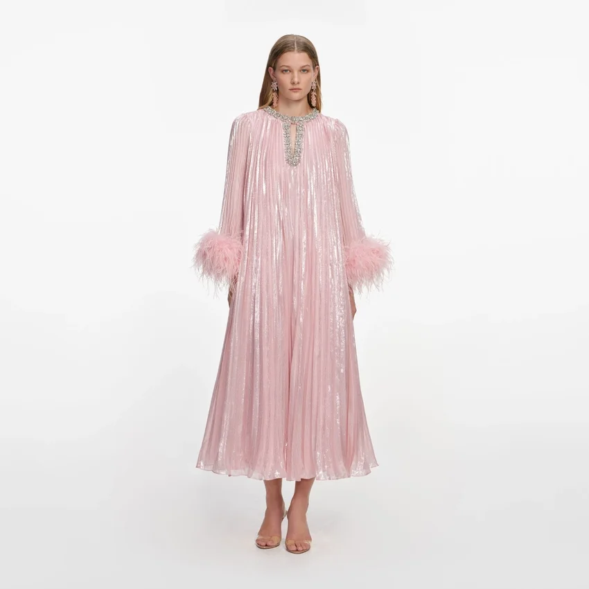 Pink Metallic Chiffon Feather Midi Dress Pink Metallic Chiffon Feather Midi Dress